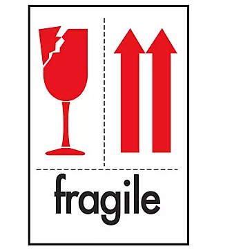 Uline "Fragile" W/Red Arrows Sticker (4" x 6") - 1 Roll